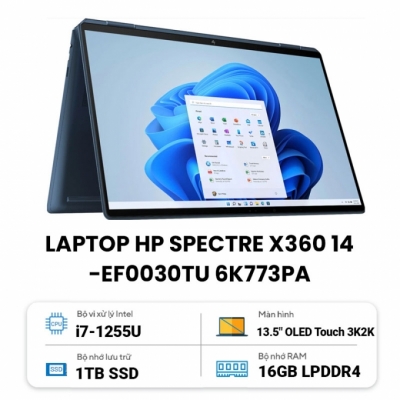 Laptop HP Spectre 14-ef0030TU 6K773PA (Core i7 1255U/ 16GB/ 1TB SSD/ Intel Iris Xe Graphics/ 13.5inch 3K2K Touch/ Windows 11 Home/ Xanh đen/ Vỏ nhôm)