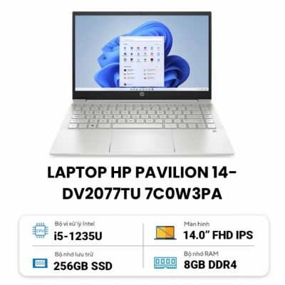 Laptop HP Pavilion 14-dv2077TU 7C0W3PA (Core i5 1235U/ 8GB/ 256GB SSD/ Intel Iris Xe Graphics/ 14.0inch Full HD/ Windows 11 Home/ Silver/ Hợp kim nhôm)