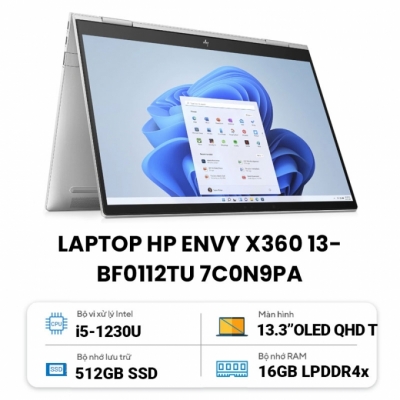 Laptop HP Envy X360 13-bf0112TU 7C0N9PA (Core i5 1230U/ 16GB/ 512GB SSD/ Intel Iris Xe Graphics/ 13.3inch OLED Touch/ Windows 11 Home/ Silver/ Vỏ nhôm/ Pen)