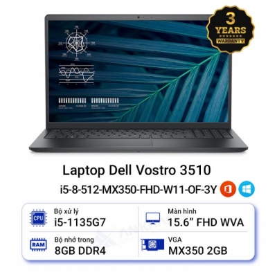 Laptop Dell Vostro 3510 i5-8G-512SSD-MX350-15FHD-W11-OF21-3Y