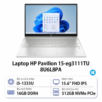 Laptop HP Pavilion 15-eg3111TU 8U6L8PA (Core i5 1335U/ 16GB/ 512GB SSD/ Intel Iris Xe Graphics/ 15.6inch Full HD/ Windows 11 Home/ Silver/ Vỏ nhôm)